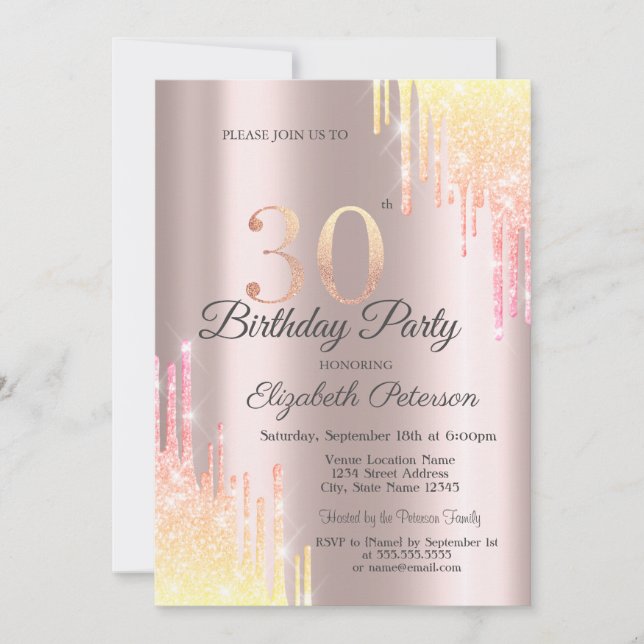 Invitación Fiesta de Cumpleaños número 30 con Ombre Glitter D (Anverso)
