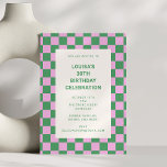 Invitación Fiesta de Cumpleaños número 30 con tablero de ajed<br><div class="desc">Esta invitación moderna para una fiesta de cumpleaños presenta un borde audaz de tablero de ajedrez rosa y verde con tipografía limpia y minimalista en el centro. La paleta de colores juguetona y el patrón gráfico le dan un divertido toque retro perfecto para una celebración de cumpleaños número 30 con...</div>