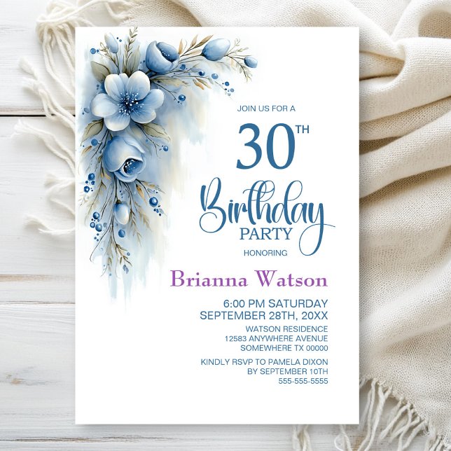 Invitación Fiesta de cumpleaños número 30 con tema floral azu (Subido por el creador)
