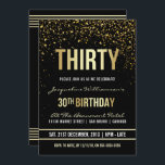 Invitación Fiesta de cumpleaños número 30| Confetti de oro de<br><div class="desc">Esta invitación formal, elegante, moderna y de moda para la fiesta de 30 años es apta para hombres o mujeres. Comprende líneas limpias doradas, un elegante guión gótico funda superior y un sofisticado texto de Relieve metalizado de oro fijo en un fondo negro con duchas de confeti dorado brillante, brillantes...</div>