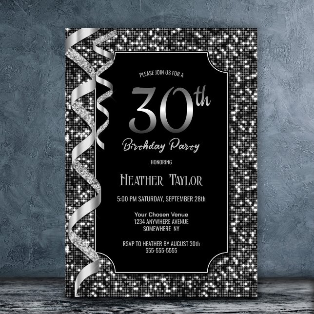 Invitación Fiesta de cumpleaños número 30 de Black White Sequ (Subido por el creador)