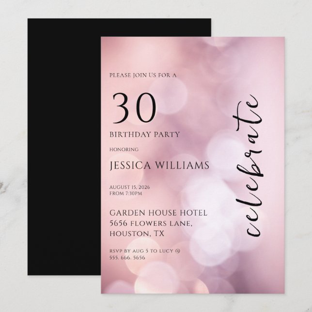 Invitación Fiesta de cumpleaños número 30 de bonito Rosa Boke (Anverso / Reverso)