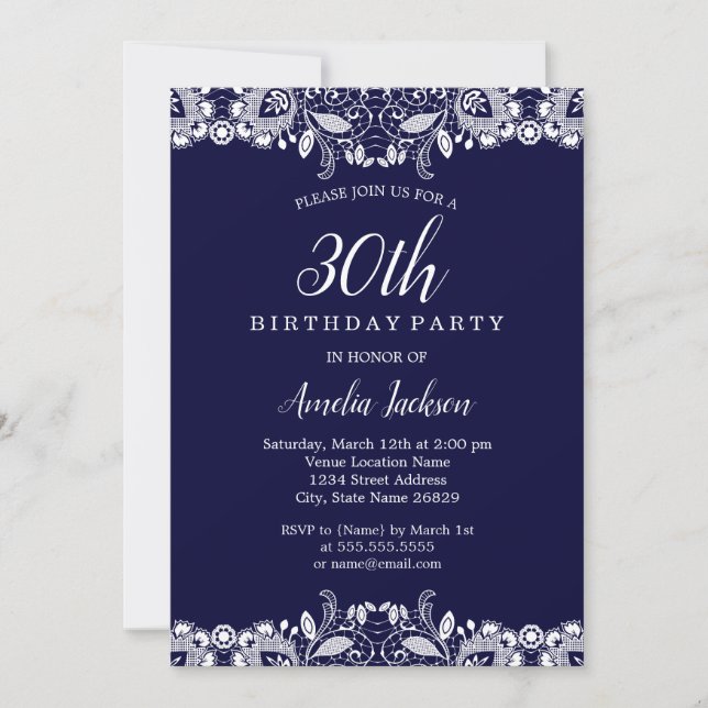 Invitación Fiesta de cumpleaños número 30 de encaje blanco vi (Anverso)