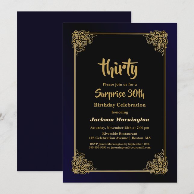 Invitación Fiesta de cumpleaños número 30 de Gold Border Surp (Anverso / Reverso)