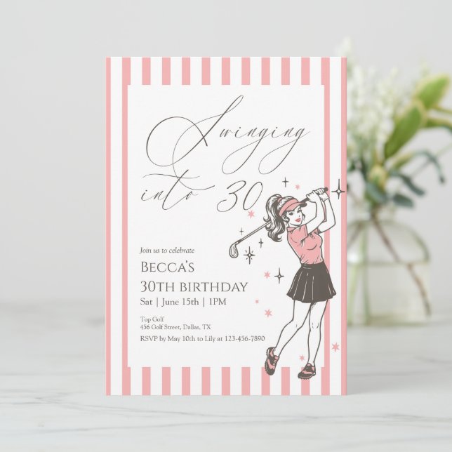 Invitación Fiesta de cumpleaños número 30 de Golf Rosa Swingi (Anverso de pie)
