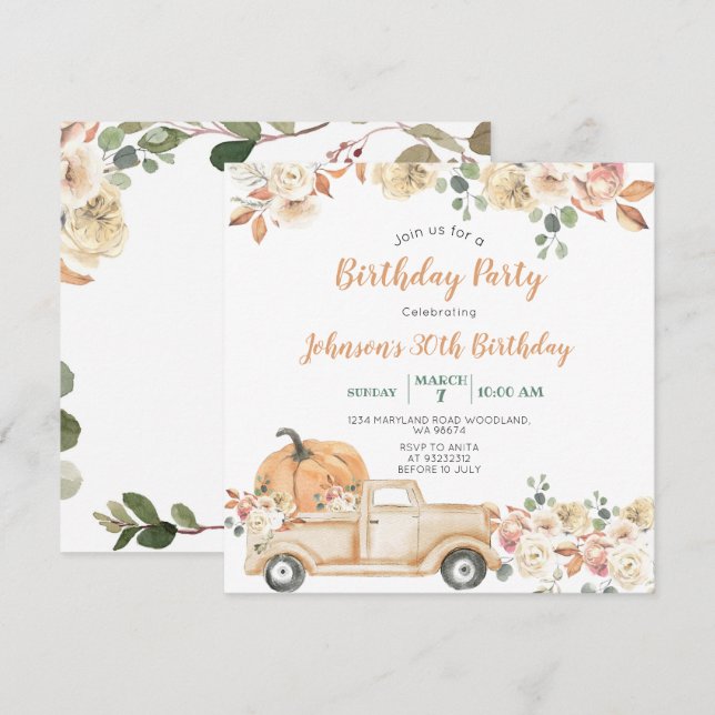 Invitación Fiesta de Cumpleaños número 30 de Pumpkin Truck Fl (Anverso / Reverso)