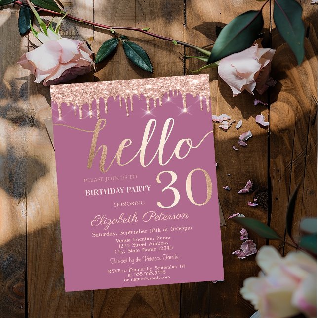 Invitación Fiesta de cumpleaños número 30 de rosa con gotas d (Subido por el creador)