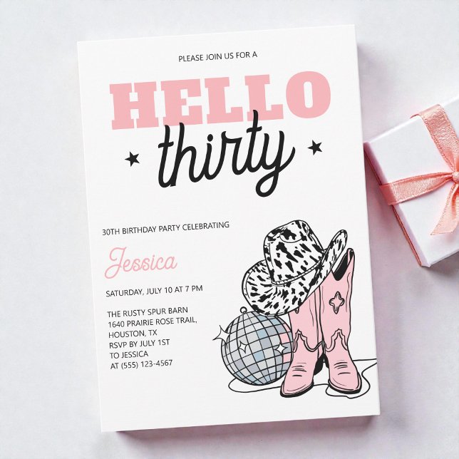 Invitación Fiesta de cumpleaños número 30 de vaquera disco oc (Pink Western Disco Cowgirl 30th Birthday Party Invitation)