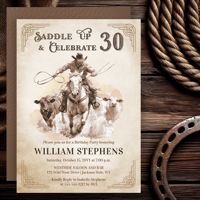 Invitación Fiesta de cumpleaños número 30 de vaquero occident (Vintage western cowboy 30th birthday invitation with rustic rodeo artwork)