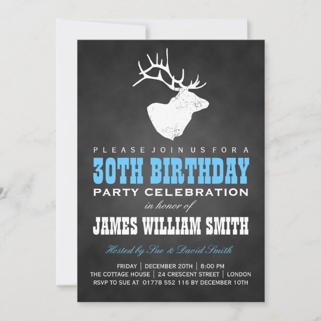 Invitación Fiesta de cumpleaños número 30 Deer Black Blue (Anverso)