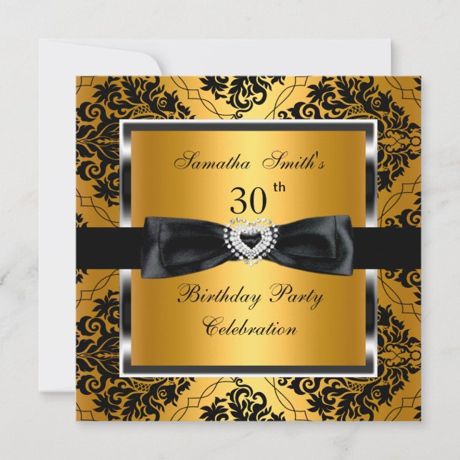 Invitación Fiesta de cumpleaños número 30 dorado damasco plat (Anverso)