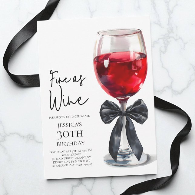 Invitación Fiesta de cumpleaños número 30 elegante como el vi (Fine as Wine Elegant Black Bow 30th Birthday Party Invitation)