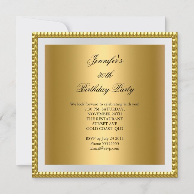 Invitación Fiesta de cumpleaños número 30 elegante oro blanco (Anverso)