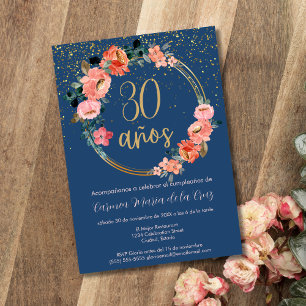 Invitación Fiesta de Cumpleaños número 30 Floral Chic Oro Azu