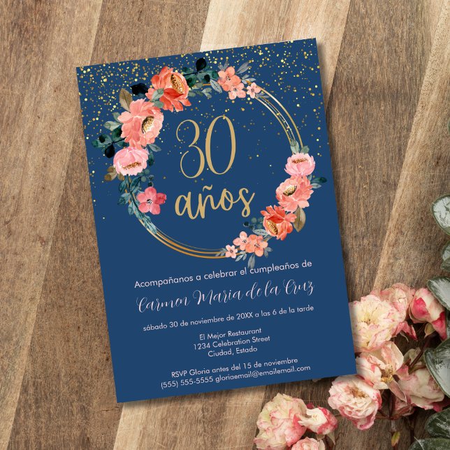 Invitación Fiesta de Cumpleaños número 30 Floral Chic Oro Azu (Subido por el creador)
