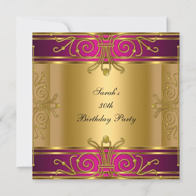 Invitación Fiesta de cumpleaños número 30 Fuchsia Rosa Dorado (Anverso)