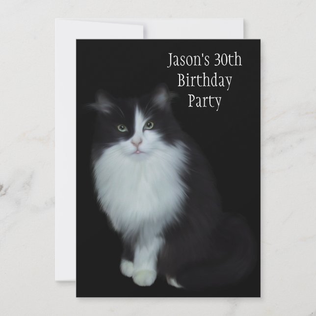 Invitación Fiesta de cumpleaños número 30 Gato Blanco y Negro (Anverso)