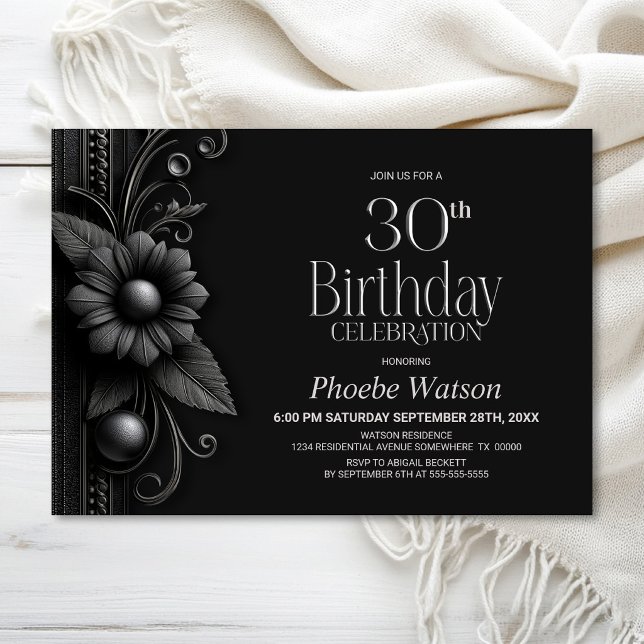 Invitación Fiesta de cumpleaños número 30 Grey Flower (Subido por el creador)