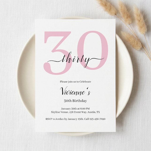 Invitación Fiesta de cumpleaños número 30 Minimal Blush Rosa  (Minimal Blush Pink Script 30th Birthday Party Invitation)
