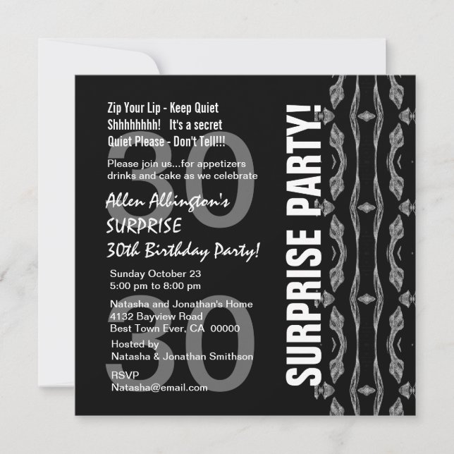 Invitación Fiesta de cumpleaños número 30 para él blanco negr (Anverso)