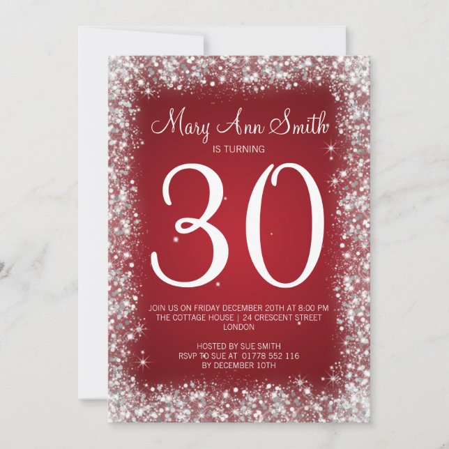 Invitación Fiesta de cumpleaños número 30 Purpurina espumoso  (Anverso)