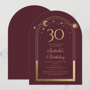 Invitación Fiesta de cumpleaños número 30 Red Gold Celestial