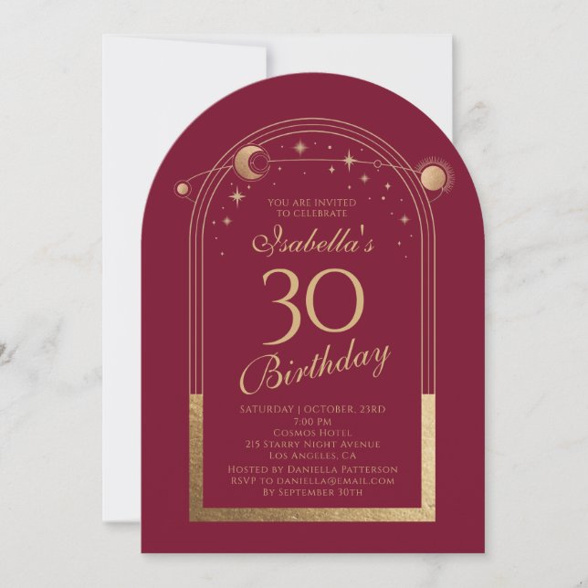 Invitación Fiesta de cumpleaños número 30 Red Gold Celestial (Anverso)