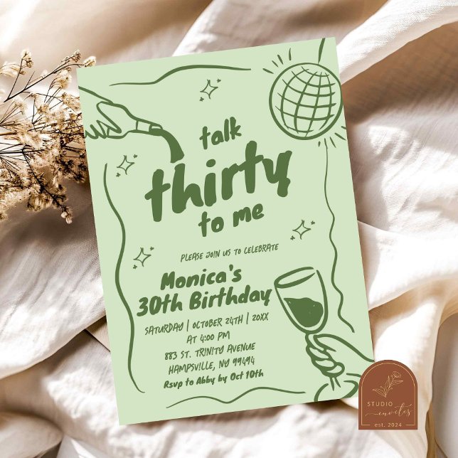 Invitación Fiesta de cumpleaños número 30 Retro Verde Disco T (Subido por el creador)