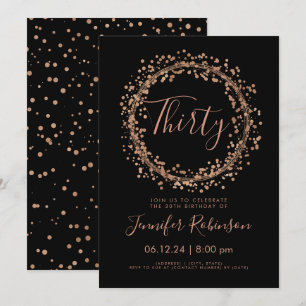 Invitación Fiesta de cumpleaños número 30 Rosa Confetti negro