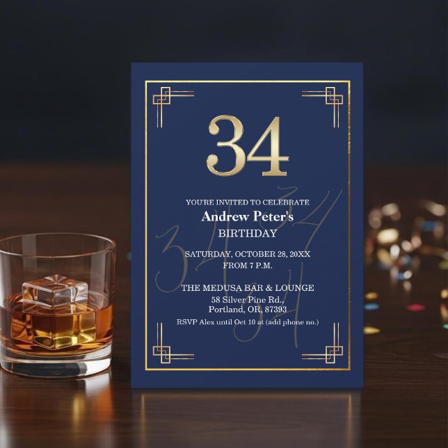 Invitación Fiesta de cumpleaños número 34 Elegante Azul Oro (Subido por el creador)