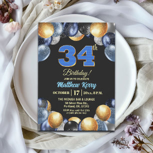 Invitación Fiesta de cumpleaños número 34 elegante azul plata