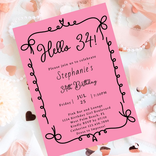 Invitación Fiesta de Cumpleaños número 34 Retro Rosa y Negro  (Subido por el creador)