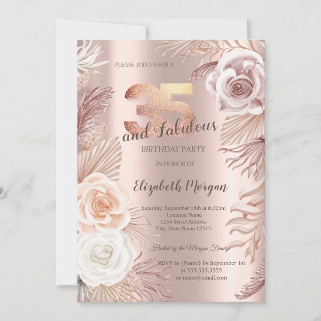 Invitación Fiesta de cumpleaños número 35 Boho Flores Rosa Do (Anverso)