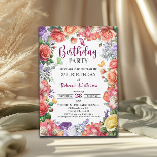 Invitación Fiesta de cumpleaños número 35 con flores elegante