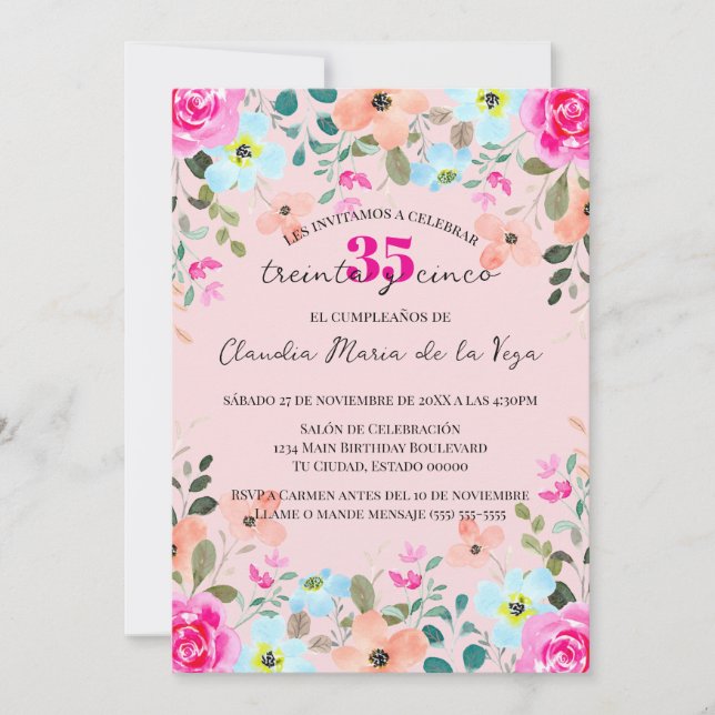 Invitación Fiesta de Cumpleaños número 35 con Flores Rosadas  (Anverso)