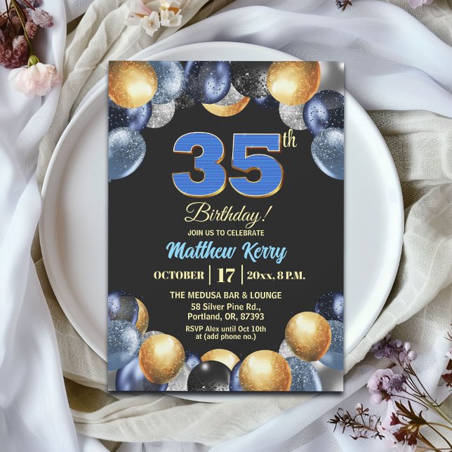 Invitación Fiesta de cumpleaños número 35 elegante azul plata (Subido por el creador)