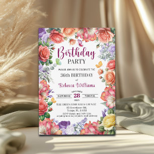 Invitación Fiesta de cumpleaños número 36 con flores elegante
