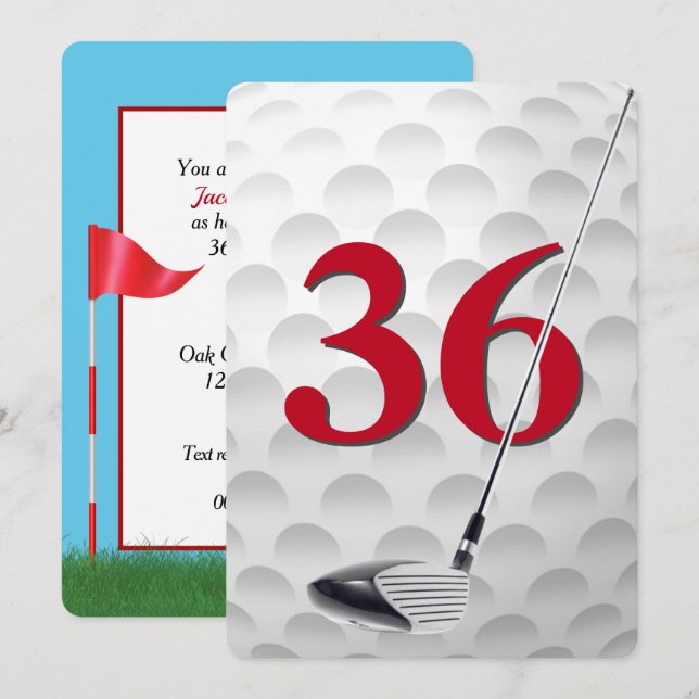 Invitación Fiesta de cumpleaños número 36 con tema de golf (Anverso / Reverso)