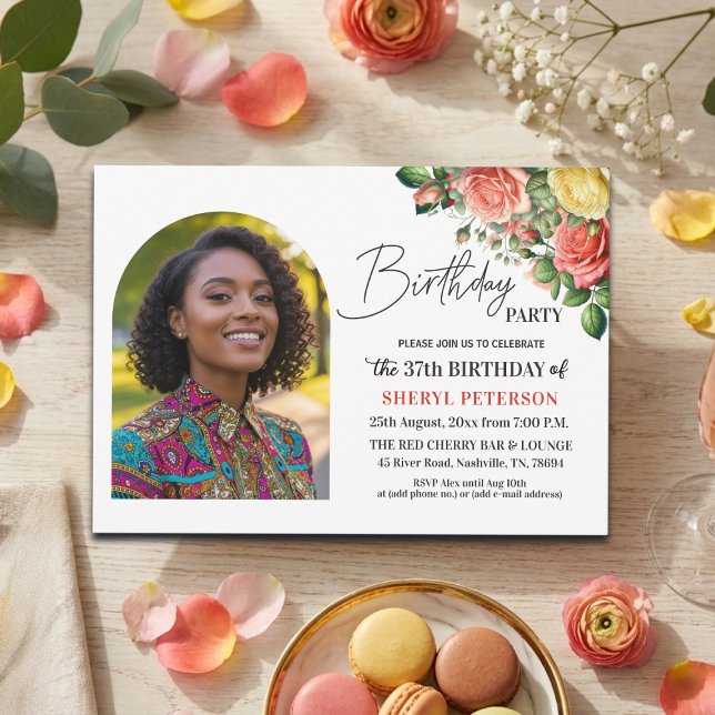 Invitación Fiesta de cumpleaños número 37 con flores elegante (Subido por el creador)