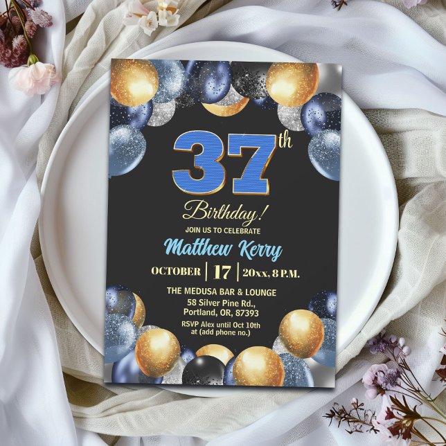 Invitación Fiesta de cumpleaños número 37 Elegante Azul Plata (Subido por el creador)