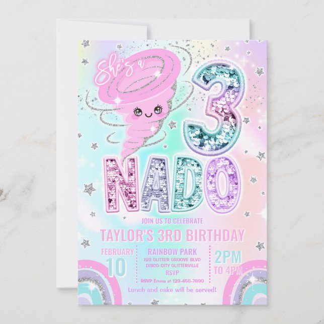 Invitación Fiesta de cumpleaños número 3 con Three Nado Rainb (Anverso)