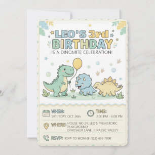 Invitación Fiesta de cumpleaños número 3 de adorable dinosaur