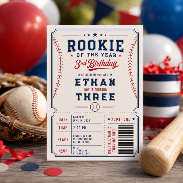 Invitación Fiesta de cumpleaños número 3 de béisbol Novato de (Rookie of the Year Baseball 3rd Birthday Party Invitation
)