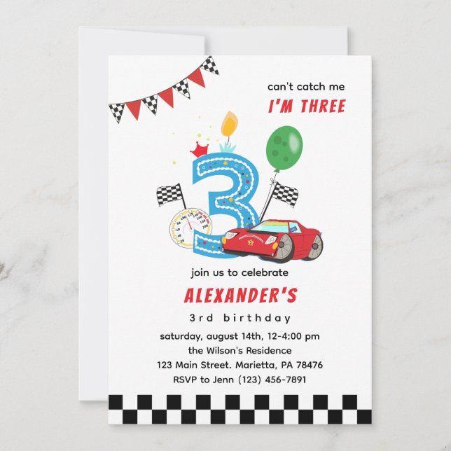 Invitación Fiesta de cumpleaños número 3 de coche de carreras (Anverso)