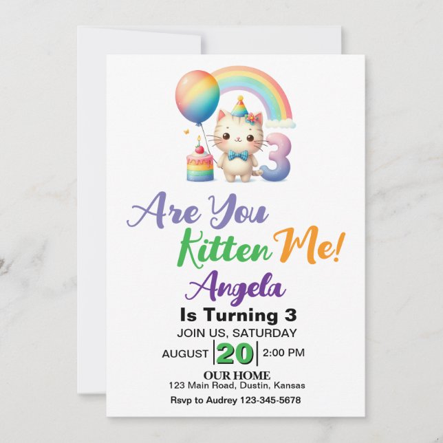 Invitación Fiesta de cumpleaños número 3 de gatito adorable (Anverso)