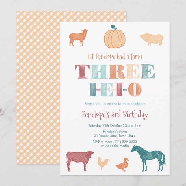 Invitación Fiesta de cumpleaños número 3 de la granja Terraco (Anverso / Reverso)