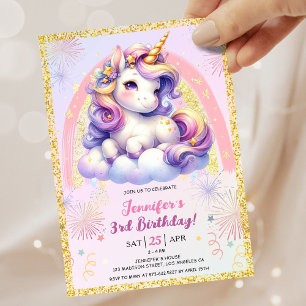 Invitación Fiesta de cumpleaños número 3 de niña unicornio pú