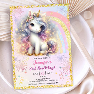 Invitación Fiesta de cumpleaños número 3 de niña unicornio ro