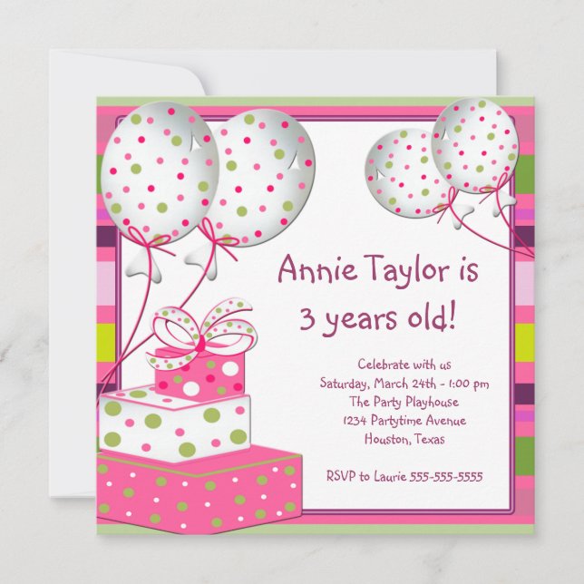 Invitación Fiesta de Cumpleaños número 3 de niñas con globos  (Anverso)