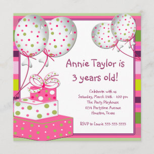 Invitación Fiesta de Cumpleaños número 3 de niñas con globos 